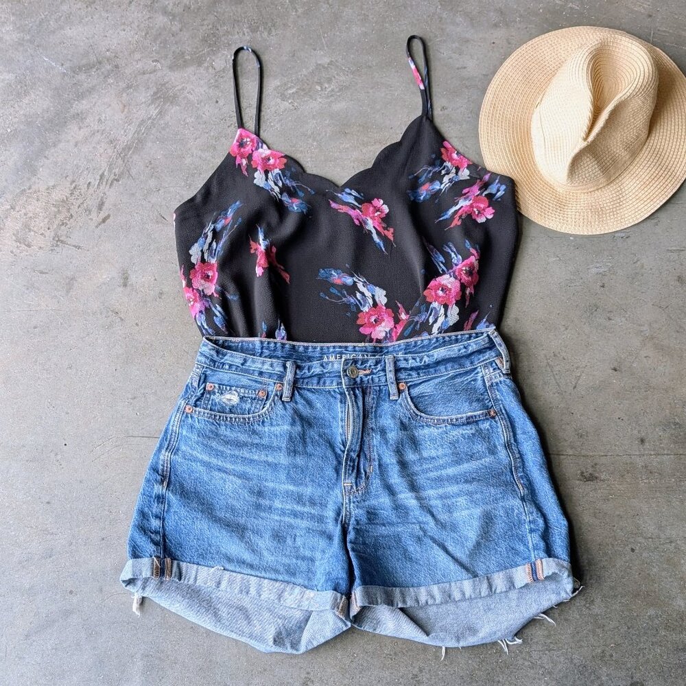 Allison Joy Black Pink Floral Scalloped V-Neck Cami Tank Top size XL